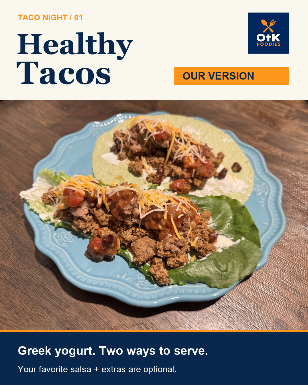 Our cooked ground turkey and bean filling served in a spinach-and-herb tortilla and a romaine leaf, with yogurt, salsa and cheese on a blue plate.