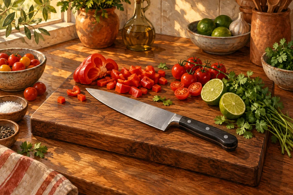 Kitchen scene illustration with a chef knife and fresh vegetables; actual HOSHANHO product photos are on Amazon