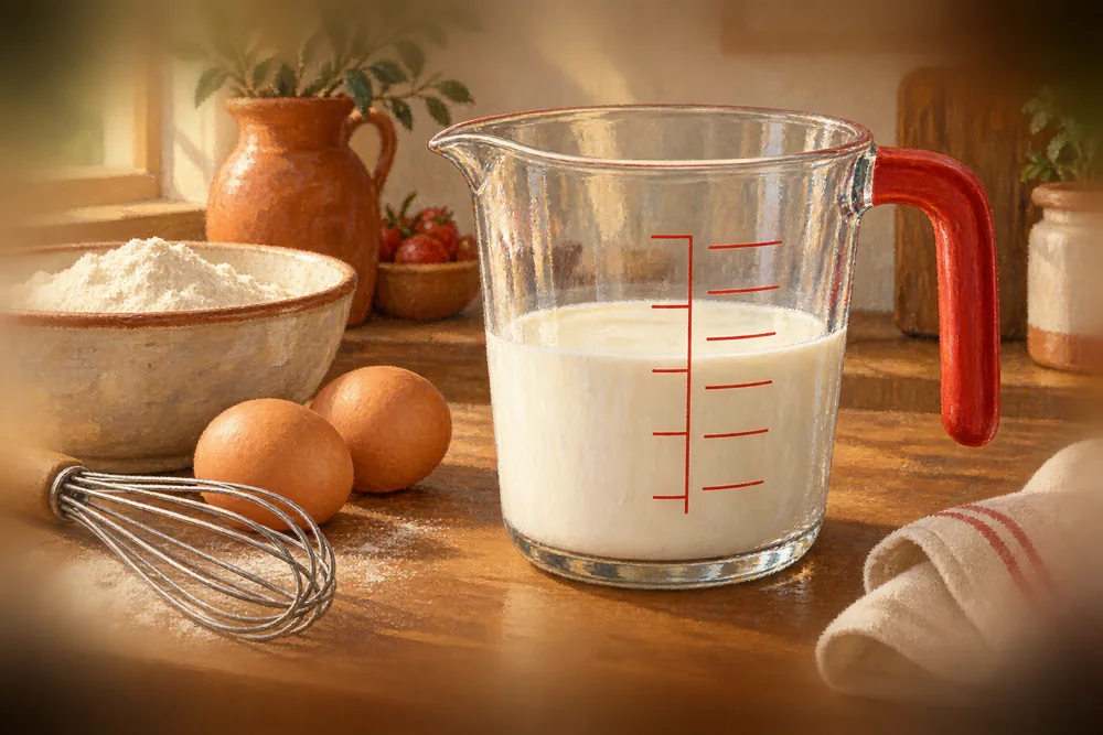 Illustration of a measuring jug with baking ingredients