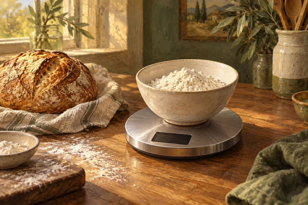 Illustration of a kitchen scale holding a bowl of flour